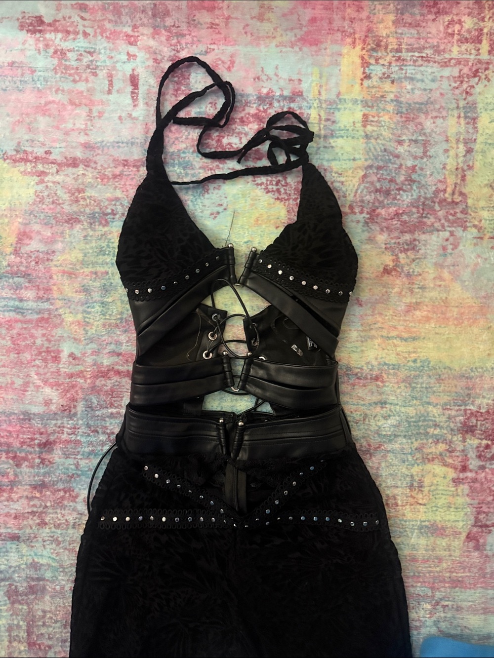 Fashion Nova Black Lace & Faux-Leather Halter Jumpsuit with Studs - Picture 3 of 8